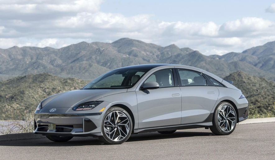 This photo provided by Hyundai shows the Ioniq 6 electric sedan. There are a few different versions of the Ioniq 6; the best can go up to 342 miles on a full charge. (Courtesy of Hyundai Motor America via AP)