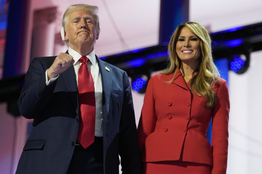 President-elect Donald Trump and Melania Trump during the final day of the Republican National Convention on Thursday, July 18, 2024, in Milwaukee. (AP Photo/Paul Sancya)'