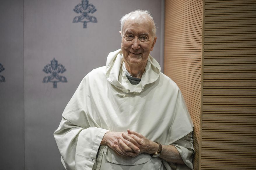 Newly appointed cardinal P. Timothy Peter Joseph Radcliffe, British theologian spiritual father of the just-concluded synod poses as he meets journalists in the Vatican press room ahead of his elevation, Friday, Dec. 6, 2024. (AP Photo/Andrew Medichini)