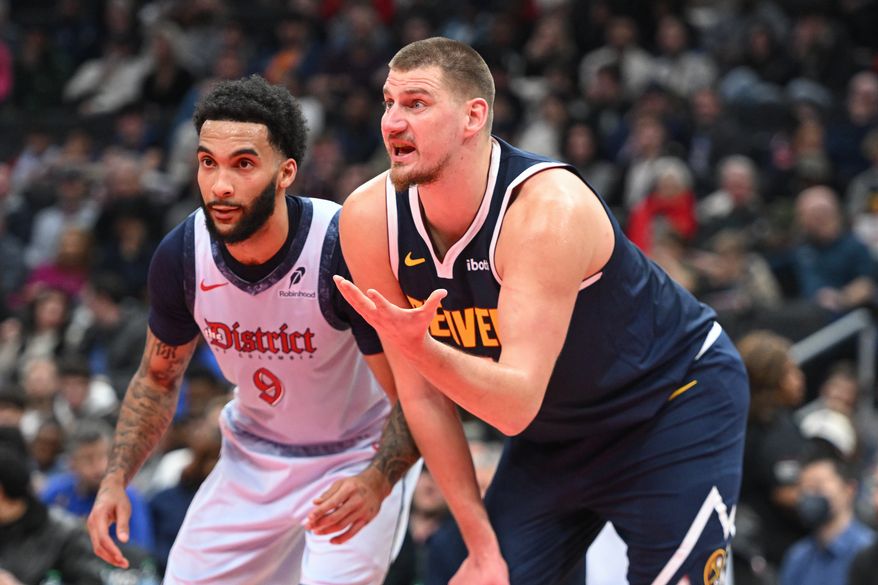 Denver Nuggets center Nikola Jokic (15) pleading to the referee during a foul shot during the fourth quarter of an NBA game against the Washington Wizards at Capital One Arena in Washington D.C., December 7, 2024. (Photo for the Washington Times)