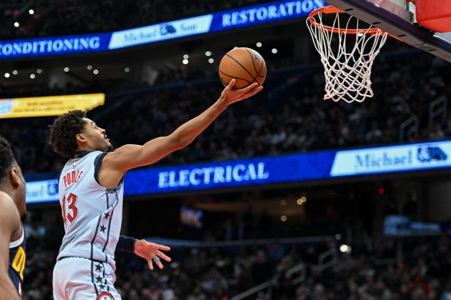 Washington Wizards guard Jordan Poole (13) laying the ball in during the fourth quarter of an NBA game against the Denver Nuggets at Capital One Arena in Washington D.C., December 7, 2024. (Photo for the Washington Times)