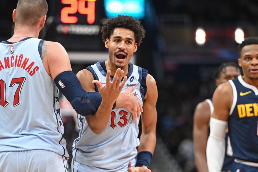 Washington Wizards guard Jordan Poole (13) pleading to the referee during the fourth quarter of an NBA game against the Denver Nuggets at Capital One Arena in Washington D.C., December 7, 2024. (Photo for the Washington Times)