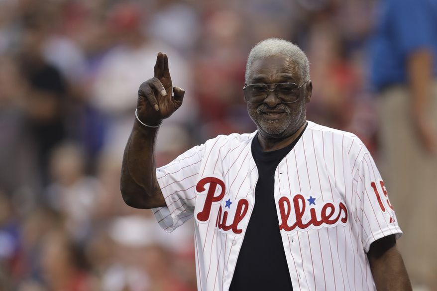 Former Philadelphia Phillies' Dick Allen waves to the crowd before a baseball game against the New York Mets, Saturday, Aug. 12, 2017, in Philadelphia. (AP Photo/Matt Slocum, File) **FILE**