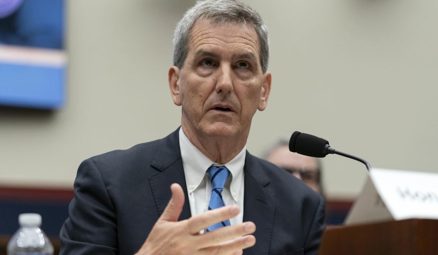 FILE - FAA Administrator Mike Whitaker testifies before the House Committee on Transportation and Infrastructure Subcommittee on Aviation, Sept. 24, 2024, on Capitol Hill in Washington. (AP Photo/Jose Luis Magana, File)