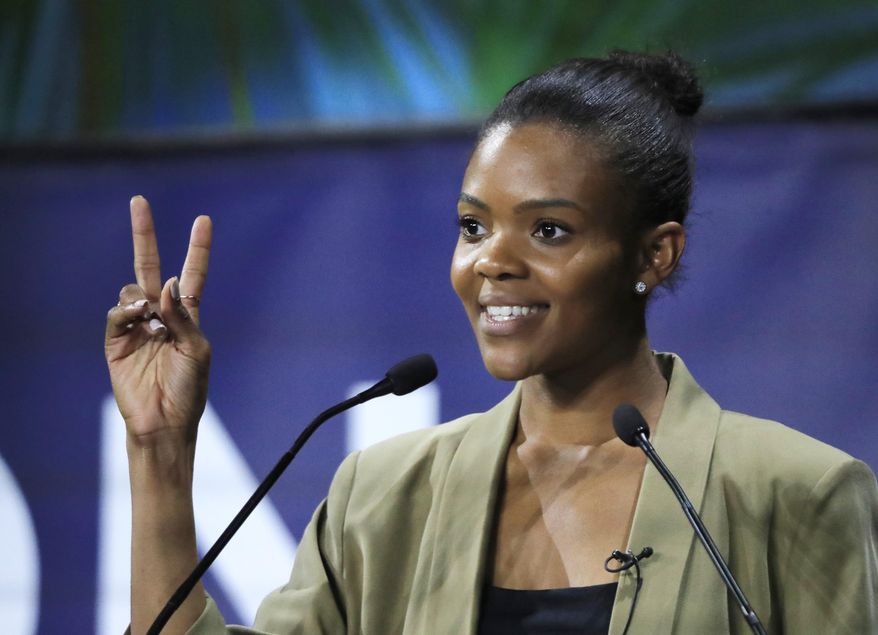 Candace Owens, director of urban engagement for Turning Point USA, gestures as she speaks at the Convention of the Right in Paris on Sept. 28, 2019. (AP Photo/Michel Euler) **FILE**