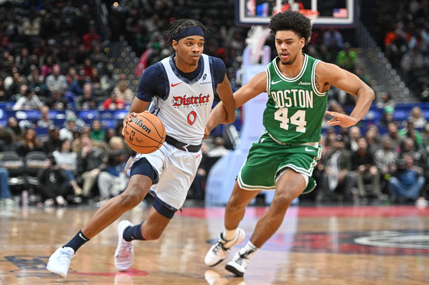 Washington Wizards forward Bilal Coulibaly (0) driving towards the basket during the fourth quarter of an NBA game against the Boston Celtics at Capital One Arena in Washington D.C., December 15, 2024. (Photo for the Washington Times)