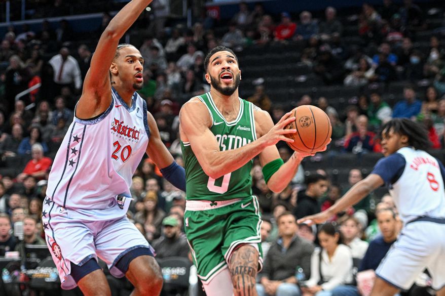 Boston Celtics forward Jayson Tatum (0) driving to the hoop during the first quarter of an NBA game against the Washington Wizards at Capital One Arena in Washington D.C., December 15, 2024. (Photo for the Washington Times)