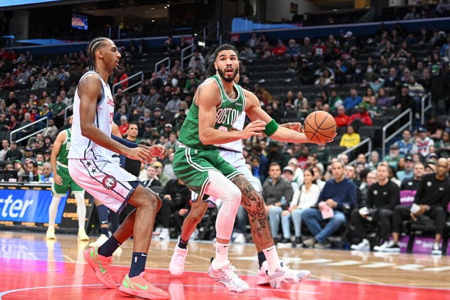 Boston Celtics forward Jayson Tatum (0) about to take the ball up during the first quarter of an NBA game against the Washington Wizards at Capital One Arena in Washington D.C., December 15, 2024. (Photo for the Washington Times)