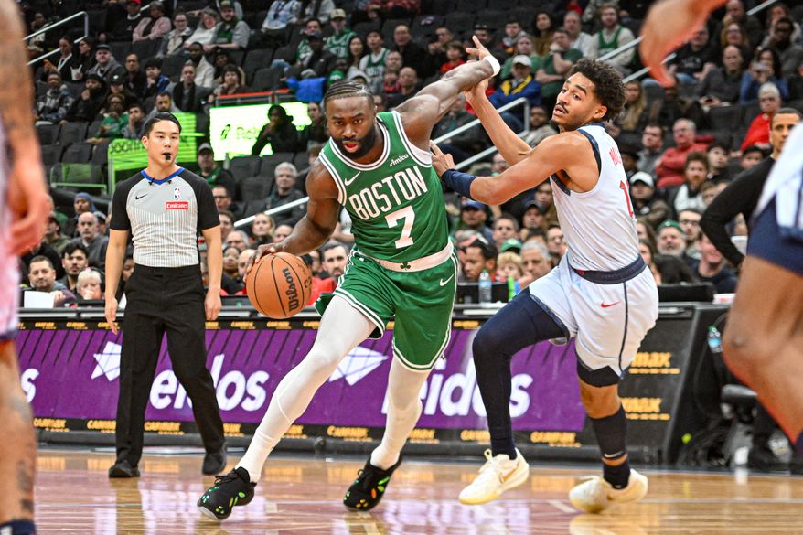 Boston Celtics forward Jaylen Brown (7) driving towards the basket during the first quarter of an NBA game against the Washington Wizards at Capital One Arena in Washington D.C., December 15, 2024. (Photo for the Washington Times)