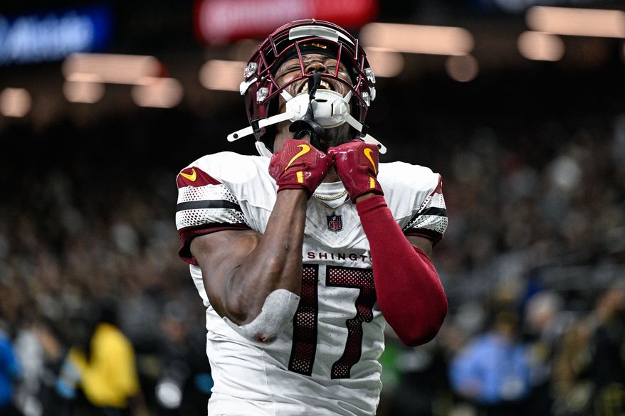 Washington Commanders receiver Terry McLaurin (17) celebrates his second touchdown catch of the game against the New Orleans Saints at Caesars Superdome, New Orleans, La., December 15, 2024. (Photo by Brian Murphy for the Washington Times)