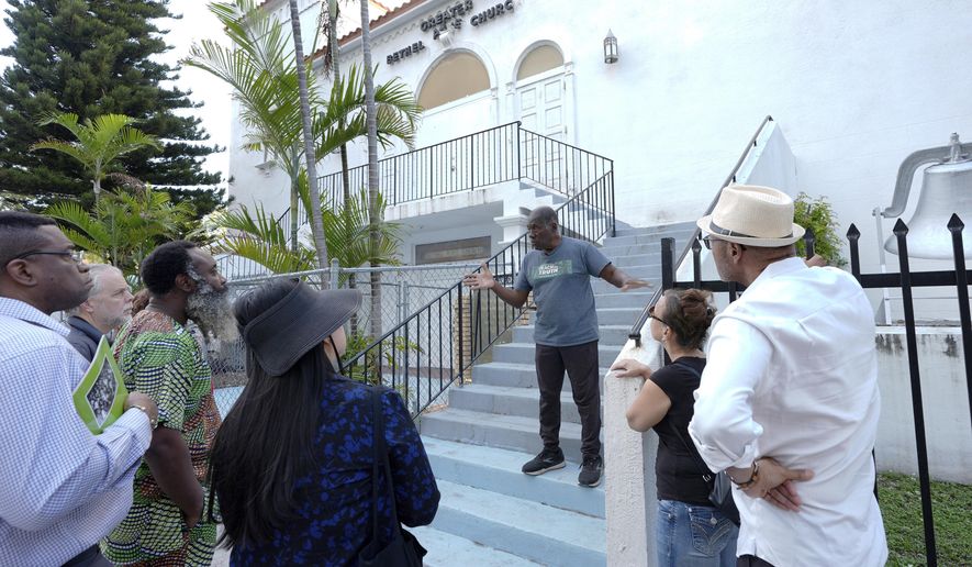 Dr. Marvin Dunn leads a tour of Overtown, a historically Black neighborhood near downtown Miami, Sunday, Feb. 25, 2024. (AP Photo/Marta Lavandier, file)
