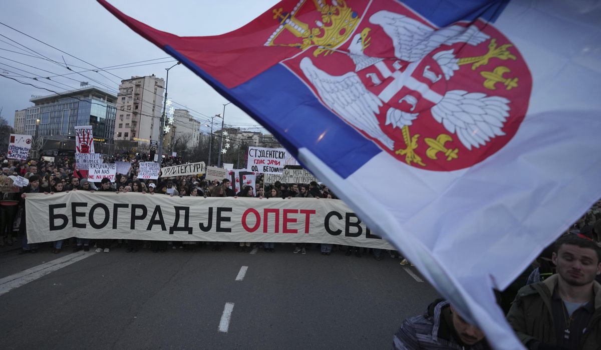 NextImg:Thousands stream into Belgrade square to protest against populist Serbian president
