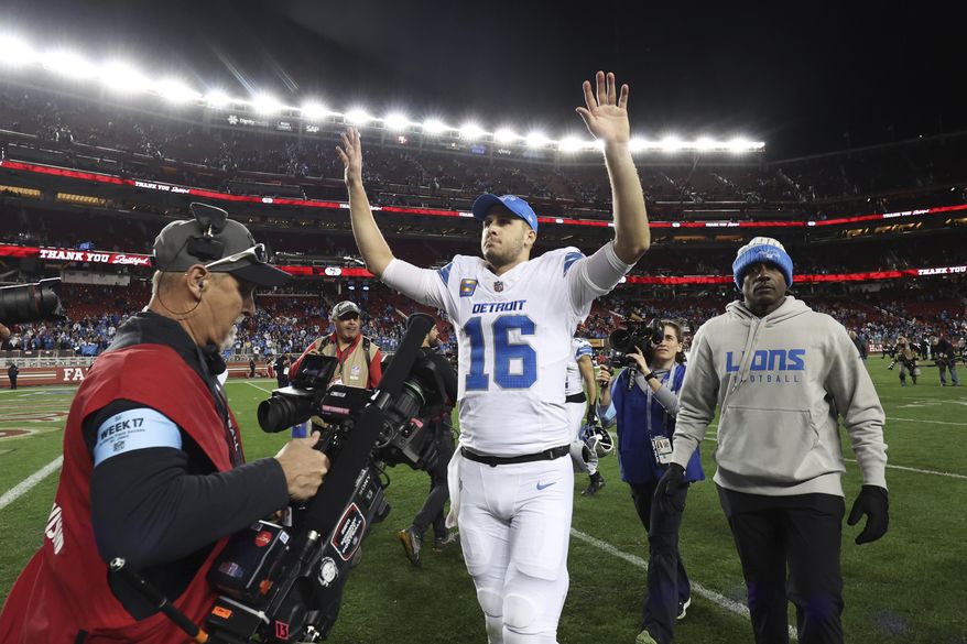 Detroit Lions quarterback Jared Goff (16) walks off the field after a win over the San Francisco 49ers in an NFL football game Monday, Dec. 30, 2024, in Santa Clara, Calif. (AP Photo/Jed Jacobsohn)