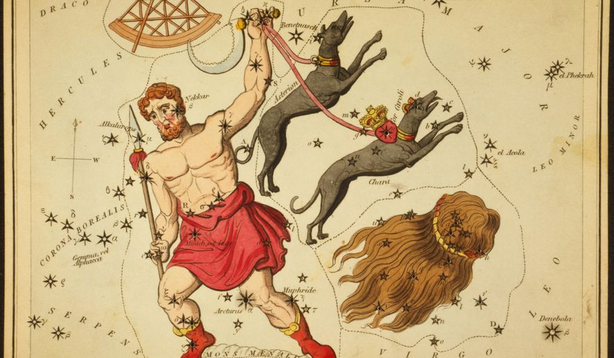 This 1825 etching provided by the Library of Congress shows an astronomical chart depicting Bootes the Ploughman holding a spear, a sickle, and two dogs, Asterion and Chara, on leashes, a quadrant, and the hair of Berenice forming the constellations. (Sidney Hall/Library of Congress via AP)