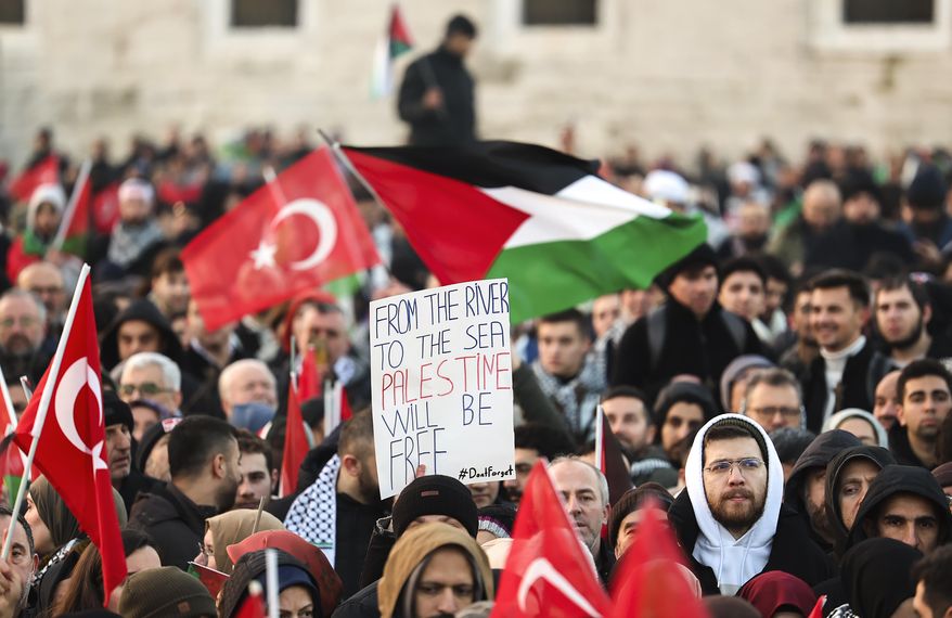 People demonstrate in solidarity with Palestinians amid the ongoing war in Gaza, in Istanbul, Turkey, Wednesday, Jan. 1, 2025. (Berkman Ulutin/DIA Photo via AP)