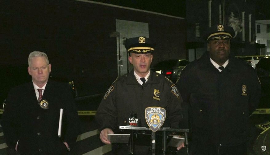 In this grab taken from a video provided by the New York Police Department, Chief of Patrol Philip Rivera, center, speaks to the media during a press conference in New York, early Thursday, Jan. 2, 2025, the day after a shooting outside a nightclub in Queens. (NYPD via AP)