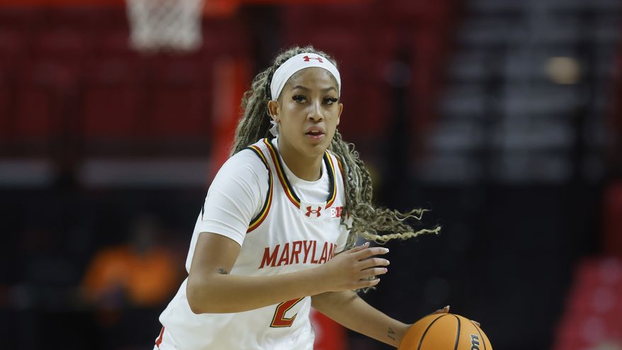Maryland guard Kaylene Smikle (2) in action during an NCAA basketball exhibition game against Seton Hill on Sunday, Oct. 20, 2024, in College Park, Md. Maryland won 108-37. (AP Photo/Mike Buscher) **FILE**