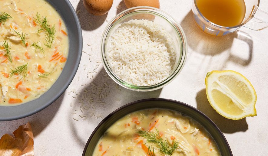 This image released by Milk Street shows a recipe for Greek egg-lemon soup. (Milk Street via AP)