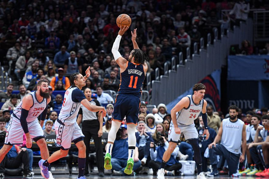 New York Knicks guard Jalen Brunson (11) taking a shot during the fourth quarter of an NBA game against the Washington Wizards at Capital One Arena in Washington D.C., December 30, 2024. (Photo for the Washington Times).