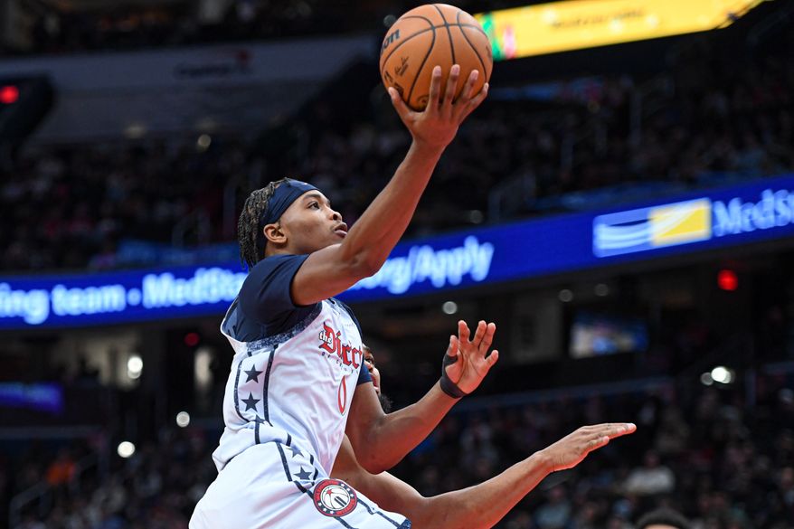 Washington Wizards forward Bilal Coulibaly (0) putting up a shot during the fourth quarter of an NBA game against the New York Knicks at Capital One Arena in Washington D.C., December 30, 2024. (Photo for the Washington Times).