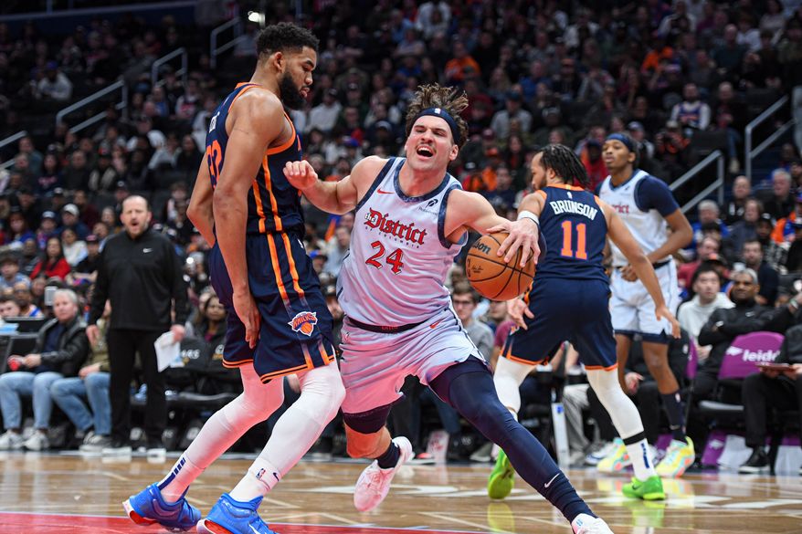 Washington Wizards guard Corey Kispert (24) driving to the basket during the fourth quarter of an NBA game against the New York Knicks at Capital One Arena in Washington D.C., December 30, 2024. (Photo for the Washington Times).