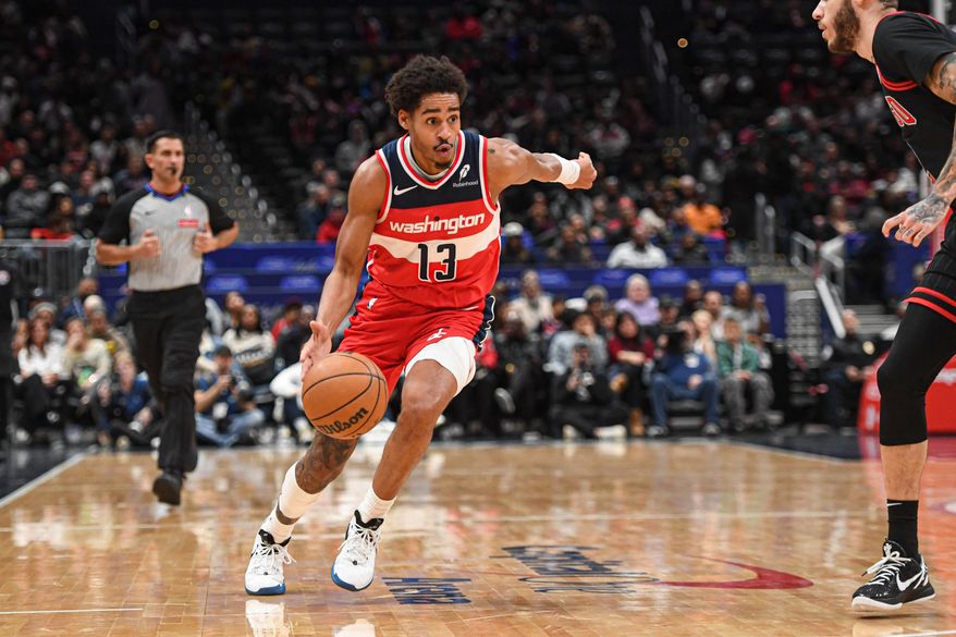 Washington Wizards guard Jordan Poole (13) driving to the hoop during the first quarter of an NBA game against the Chicago Bulls at Capital One Arena in Washington D.C., January 1, 2025. (Photo for the Washington Times)