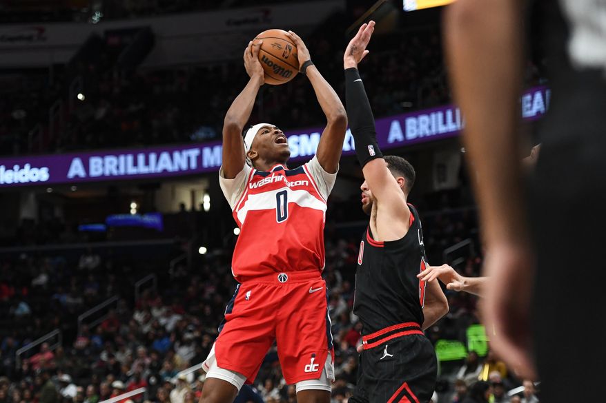 Washington Wizards forward Bilal Coulibaly (0) taking a shot during the first quarter of an NBA game against the Chicago Bulls at Capital One Arena in Washington D.C., January 1, 2025. (Photo for the Washington Times)