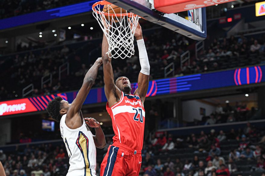 Washington Wizards center Alex Sarr (20) putting up a shot during the first half of an NBA game against the New Orleans Pelicans at Capital One Arena in Washington D.C., January 5, 2025. (Photo for the Washington Times)