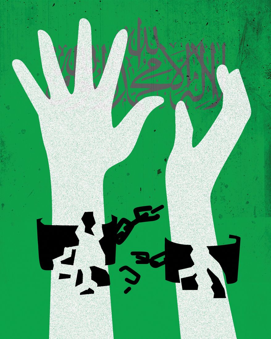 Freeing Israeli hostages in Gaza from Hamas terrorists illustration by Linas Garsys / The Washington Times