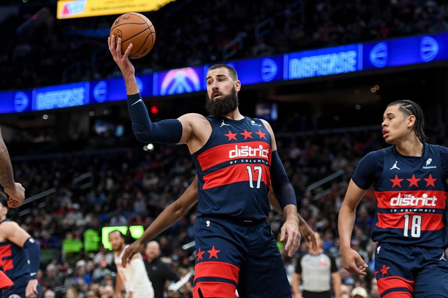 Washington Wizards center Jonas Valanciunas (17) getting a rebound during the first quarter of an NBA game against the New York Knicks at Capital One Arena in Washington D.C., December 28, 2024. (Photo for the Washington Times).