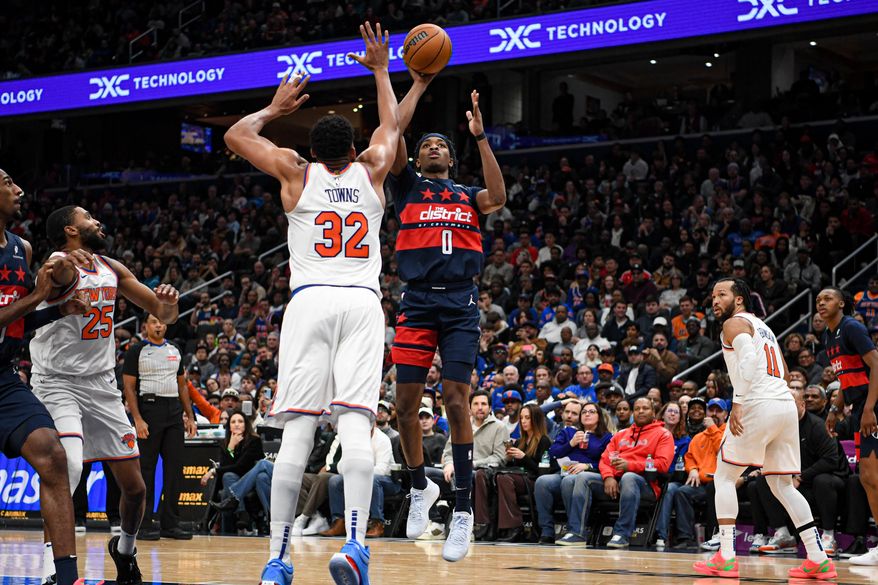 Washington Wizards forward Bilal Coulibaly (0) putting up a shot during the fourth quarter of an NBA game against the New York Knicks at Capital One Arena in Washington D.C., December 28, 2024. (Photo for the Washington Times).