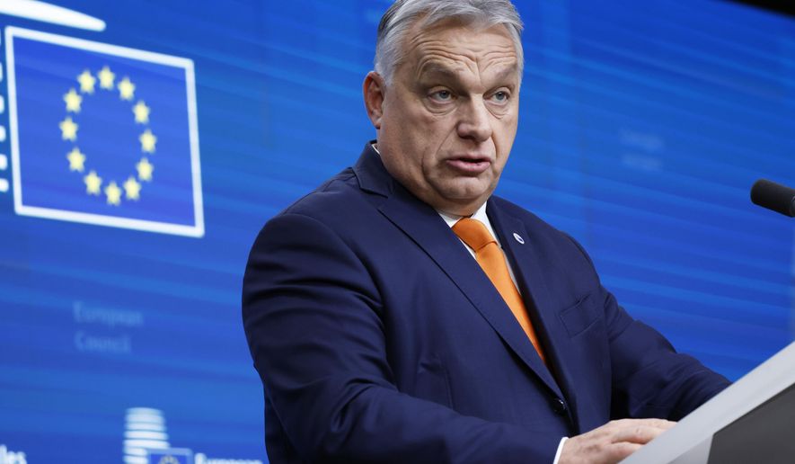 FILE - Hungary's Prime Minister Viktor Orban addresses a media conference at the end of an EU summit in Brussels, Dec. 19, 2024. (AP Photo/Omar Havana)
