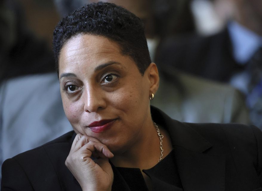 FILE - St. Louis Circuit Attorney Kim Gardner sits behind her attorneys in a courtroom on April 18, 2023, in St. Louis, in the first hearing of a lawsuit by Missouri Attorney General Andrew Bailey seeking to remove Gardner from office. (David Carson/St. Louis Post-Dispatch via AP, Pool, File)