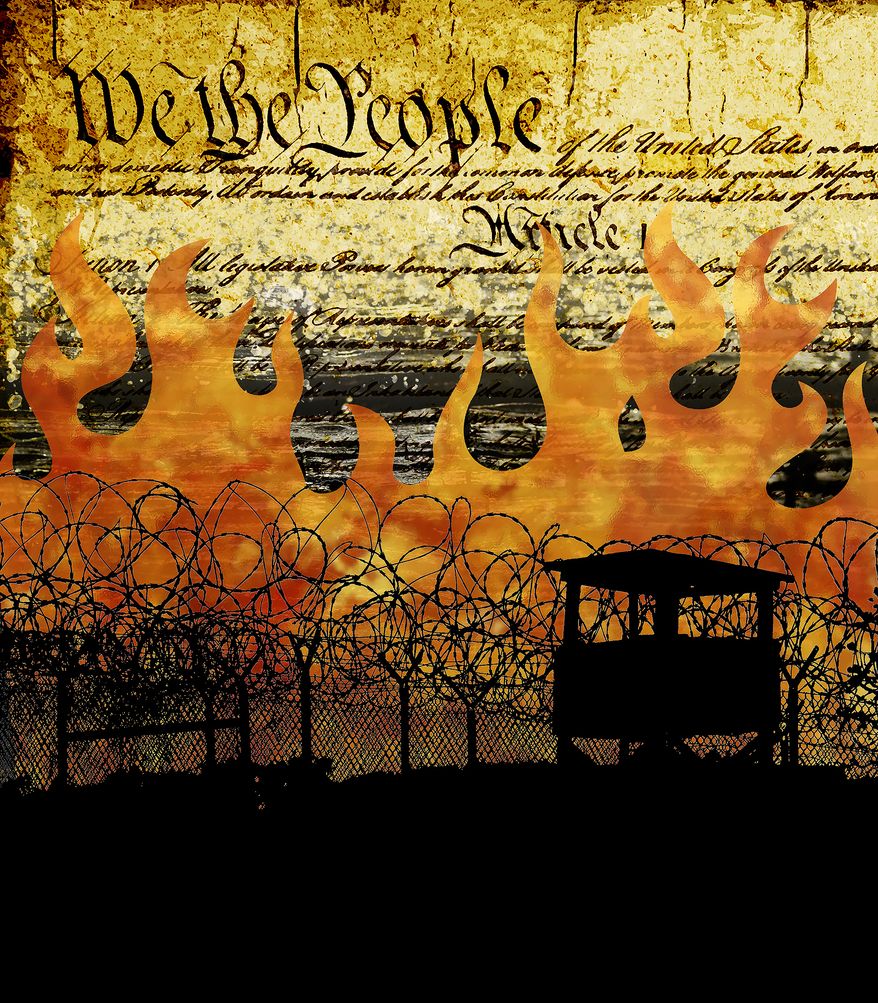 U.S. naval base at Guantanamo Bay, Cuba and the United States Constitution illustration by Greg Groesch / The Washington Times
