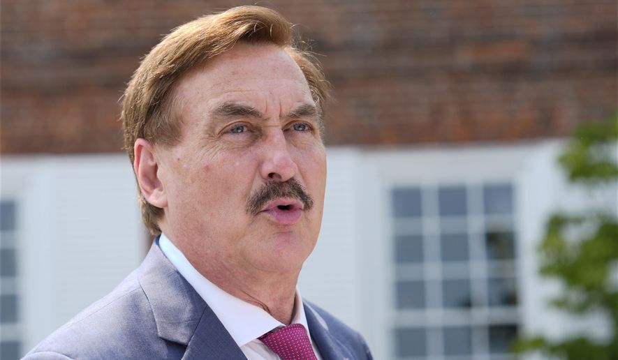 Mike Lindell, CEO of My Pillow, talks before Republican presidential nominee former President Donald Trump speaks at a news conference at Trump National Golf Club, Aug. 15, 2024, in Bedminster, N.J. (AP Photo/Julia Demaree Nikhinson, File)