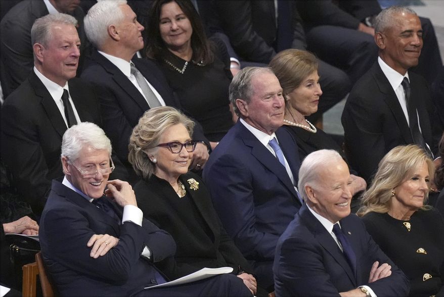 President Joe Biden and first lady Jill Biden, along with former President Bill Clinton, former Secretary of State Hillary Clinton, former President George W. Bush, Laura Bush, and former President Barack Obama listen during the state funeral for former President Jimmy Carter at Washington National Cathedral in Washington, Thursday, Jan. 9, 2025. (AP Photo/Jacquelyn Martin)