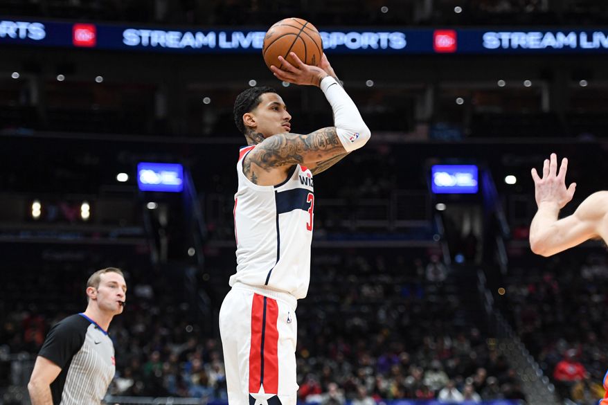 Washington Wizards forward Kyle Kuzma (33) taking a shot during the first quarter of an NBA game against the Oklahoma City Thunder at Capital One Arena in Washington D.C., January 12, 2025. (Photo for the Washington Times)