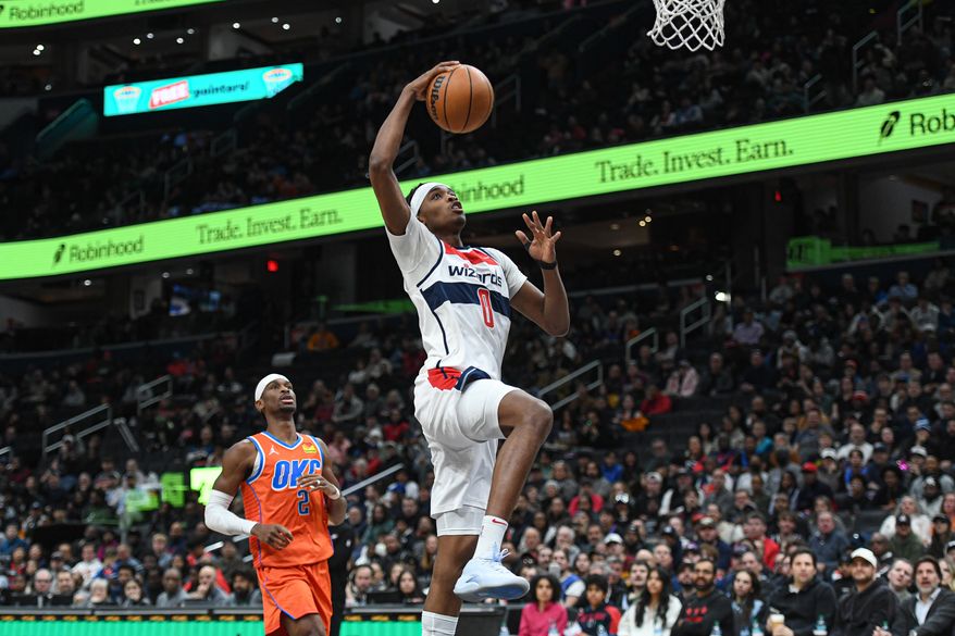 Washington Wizards forward Bilal Coulibaly (0) about to dunk the ball during the first quarter of an NBA game against the Oklahoma City Thunder at Capital One Arena in Washington D.C., January 12, 2025. (Photo for the Washington Times)
