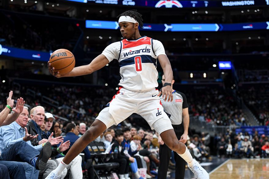 Washington Wizards forward Bilal Coulibaly (0) trying to save the ball from going out of bounds during the first quarter of an NBA game against the Oklahoma City Thunder at Capital One Arena in Washington D.C., January 12, 2025. (Photo for the Washington Times)
