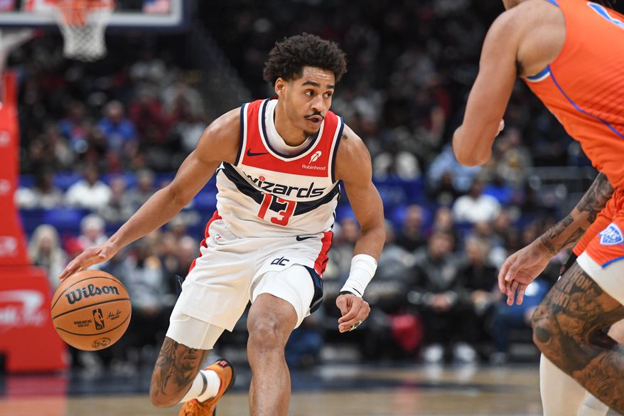 Washington Wizards guard Jordan Poole (13) dribbling the ball during the first quarter of an NBA game against the Oklahoma City Thunder at Capital One Arena in Washington D.C., January 12, 2025. (Photo for the Washington Times)