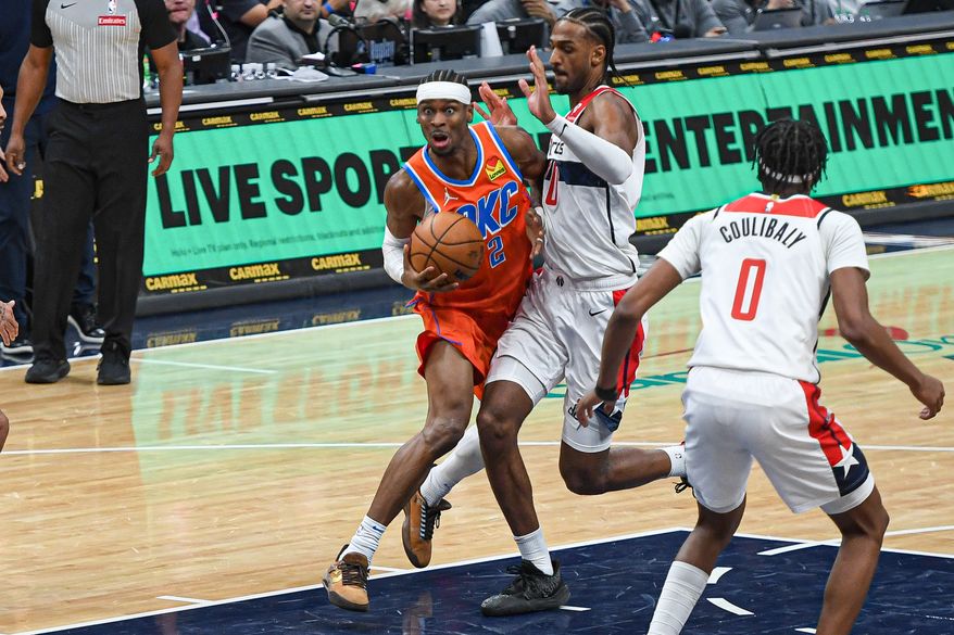 Oklahoma City Thunder guard Shai Gilgeous-Alexander (2) taking it to the hoop during the second quarter of an NBA game against the Washington Wizards at Capital One Arena in Washington D.C., January 12, 2025. (Photo for the Washington Times)