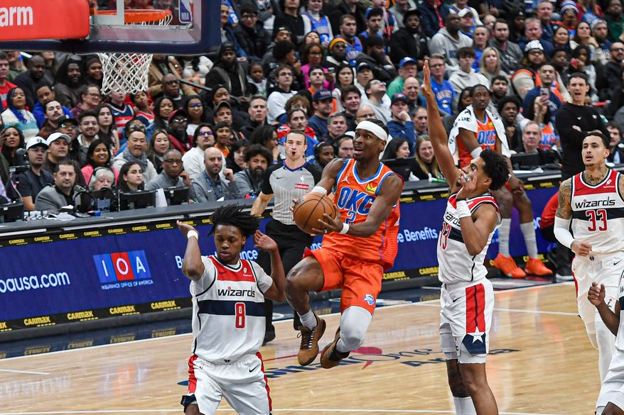 Oklahoma City Thunder guard Shai Gilgeous-Alexander (2) taking it to the hoop during the second quarter of an NBA game against the Washington Wizards at Capital One Arena in Washington D.C., January 12, 2025. (Photo for the Washington Times)