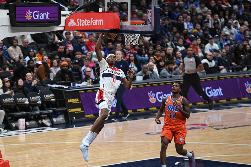 Washington Wizards forward Bilal Coulibaly (0) putting the ball up during the third quarter of an NBA game against the Oklahoma City Thunder at Capital One Arena in Washington D.C., January 12, 2025. (Photo for the Washington Times)