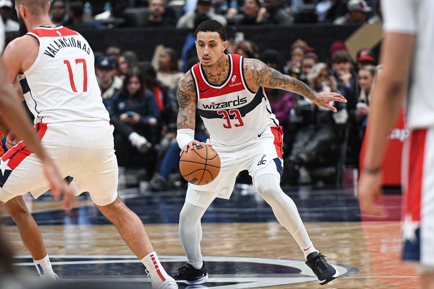 Washington Wizards forward Kyle Kuzma (33) dribbling the ball during the third quarter of an NBA game against the Oklahoma City Thunder at Capital One Arena in Washington D.C., January 12, 2025. (Photo for the Washington Times)