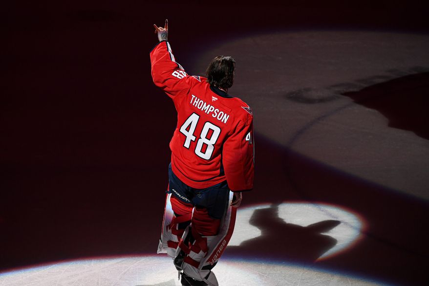 Washington Capitals goalie Logan Thompson (48) waving to the crowd after being named first star of the game during the third period of an NHL game against the Anaheim Ducks at Capital One Arena in Washington D.C. on January 14, 2025. (Photo for the Washington Times)