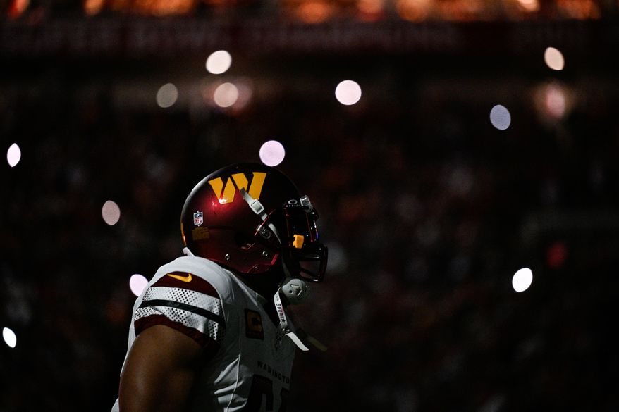 Washington Commanders linebacker Bobby Wagner (54) patrols the sidelines during pregame introductions before facing the Tampa Bay Buccaneers during Sunday Night Football at Raymond James Stadium in Tampa, Florida, January 12, 2025. (Photo by Brian Murphy for the Washington Times)