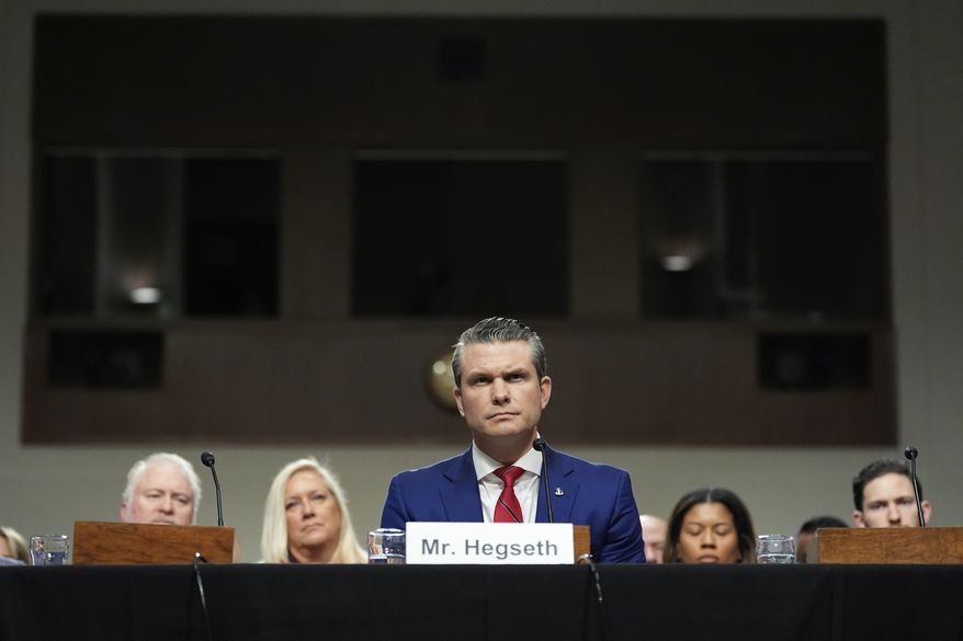 Pete Hegseth, President-elect Donald Trump's choice to be Defense secretary, appears before the Senate Armed Services Committee for his confirmation hearing, at the Capitol in Washington, Tuesday, Jan. 14, 2025. (AP Photo/Alex Brandon)
