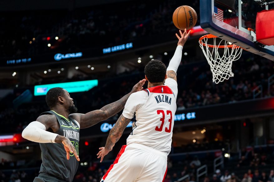 Washington Wizards forward Kyle Kuzma (33) scores a one handed lay-up at Capital One Arena, Washington, D.C., January 13th, 2025. (Photo by Jordan Sabillo, for the Washington Times)