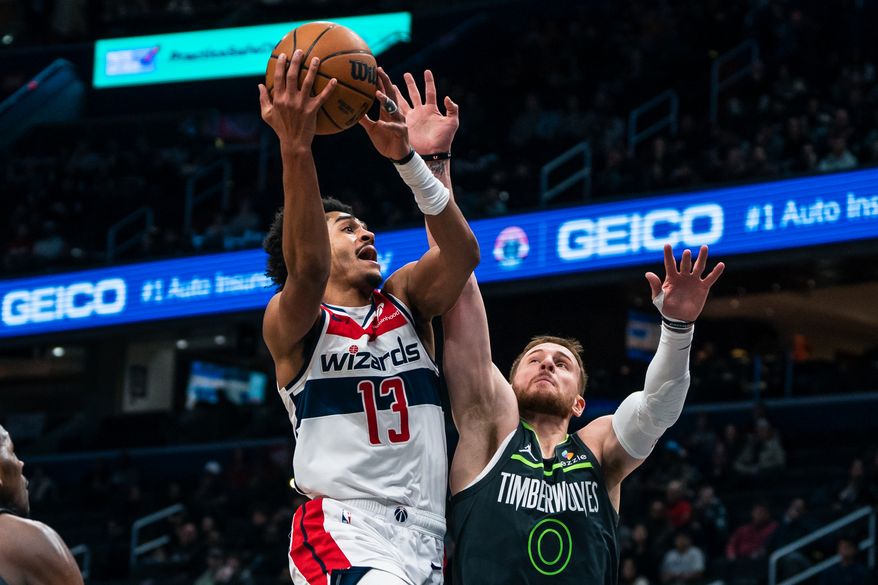 Washington Wizards Guard Jordan Poole (13) drives into lane and draws a foul at Capital One Arena, Washington, D.C., January 13th, 2025. (Photo by Jordan Sabillo, for the Washington Times)