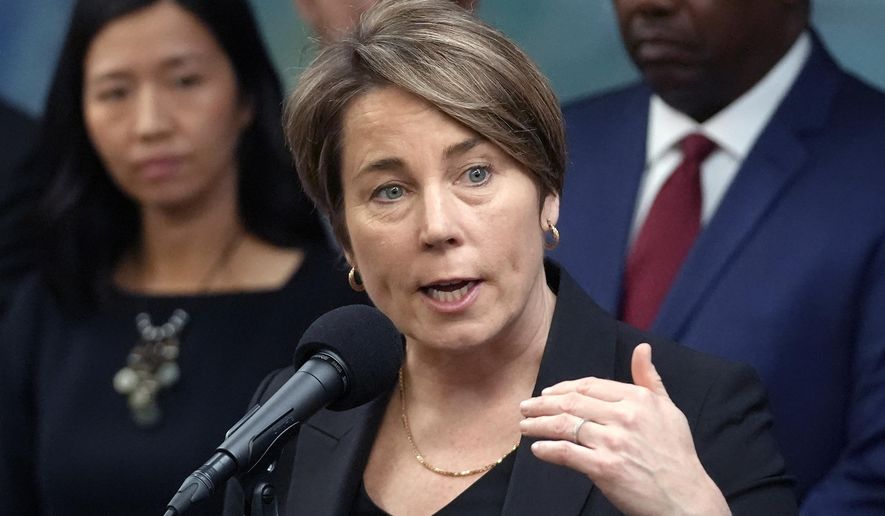 FILE - Massachusetts Gov. Maura Healey takes questions from reporters, Jan. 31, 2024, in Boston. (AP Photo/Steven Senne, File)